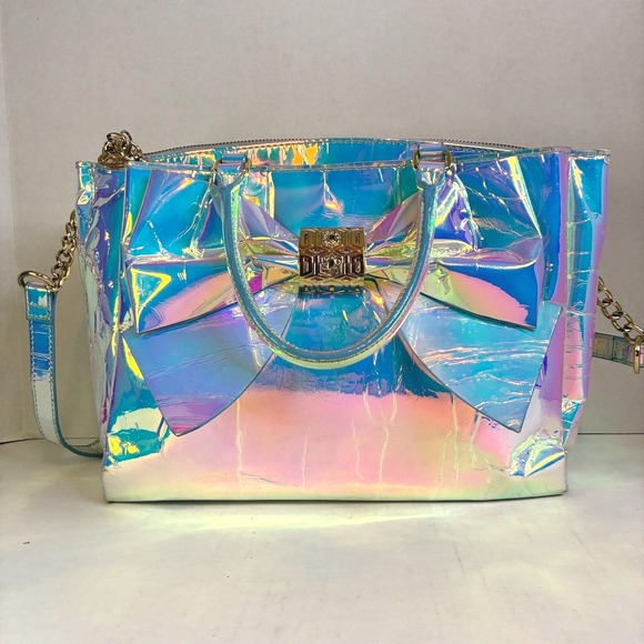 Betsey Johnson Handbags - Betsey Johnson Iridescent RARE BAG Holographic Bow Satchel Crossbody Gold Purse